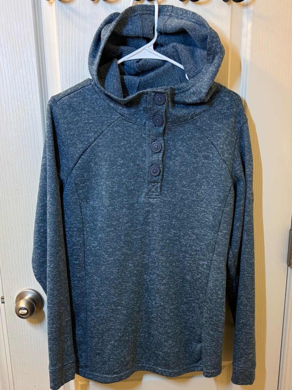 Columbia Women’s XL Hooded Pullover Sweater Blue Gray 4 Button Fleece Hoodie